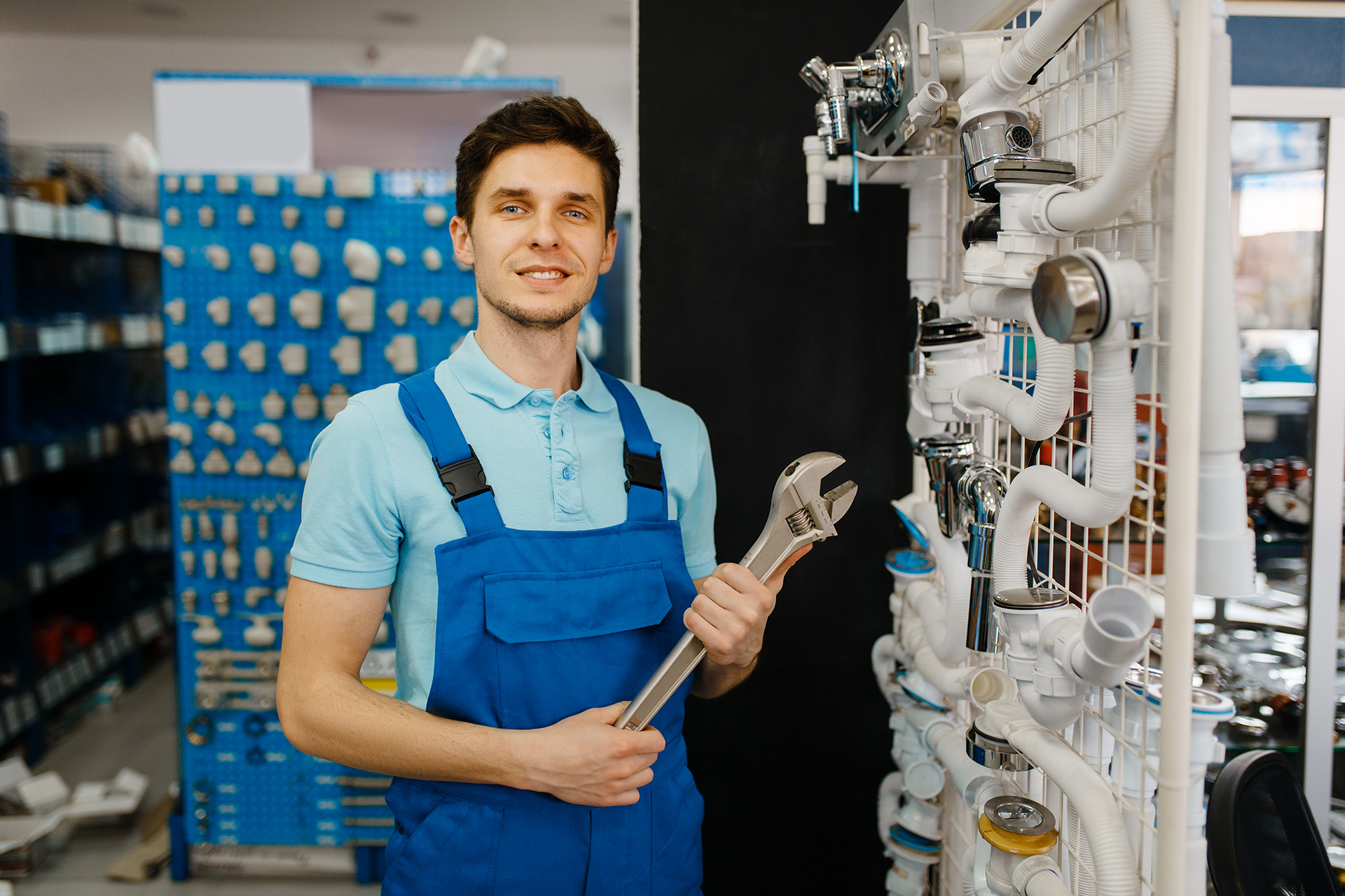 Plumber with pipe wrenches poses at the showcase, plumbering store choice. Man buying sanitary engineering tools and equipment in shop